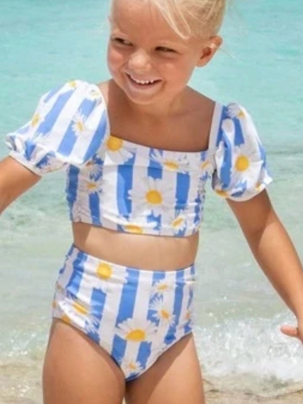 Shade Critters Daisy Stripe Puff Sleeve High Waist Bikini Blue White Girls 3T